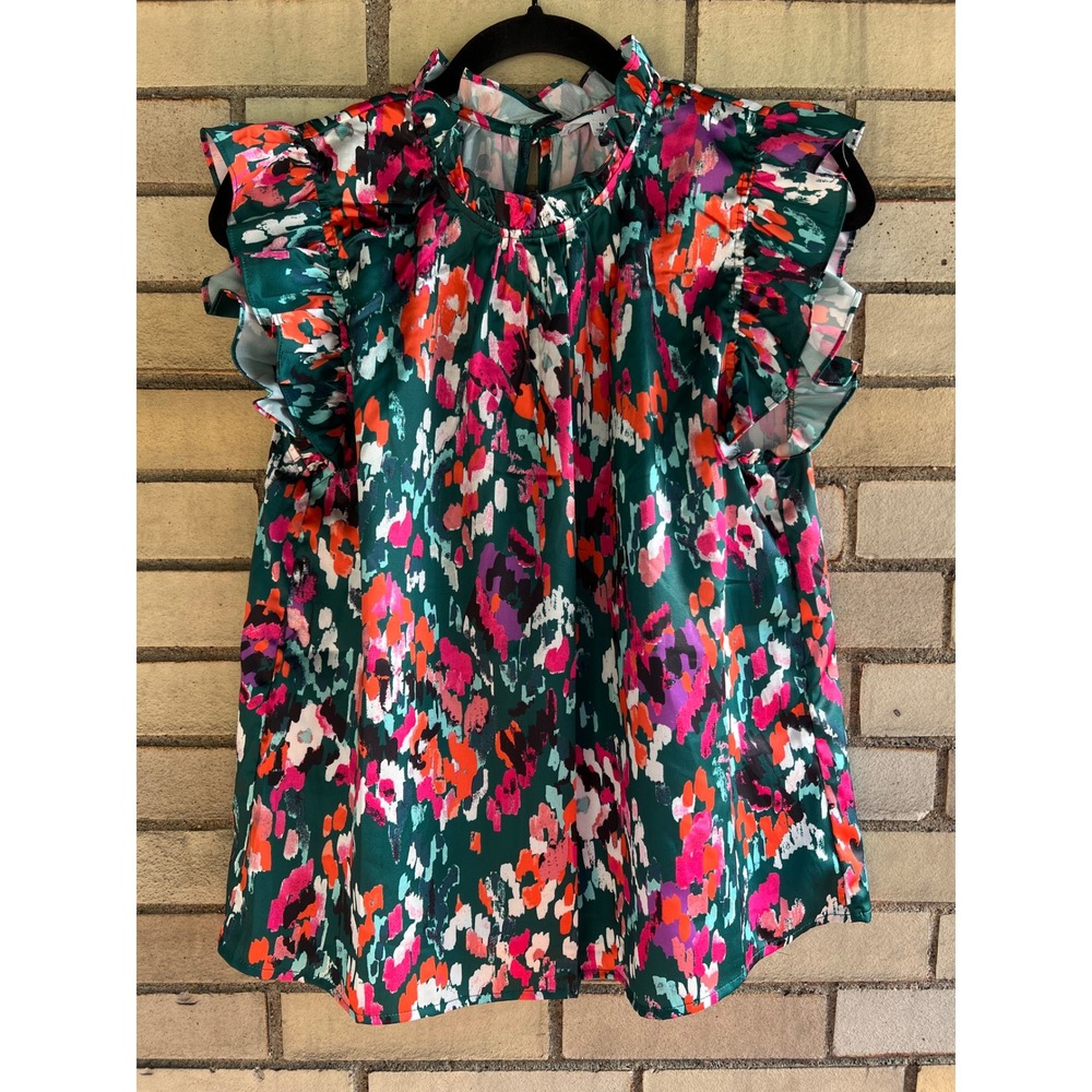 THML Abstract Brushstroke Ruffle Neck Flutter Sleeve Top Medium